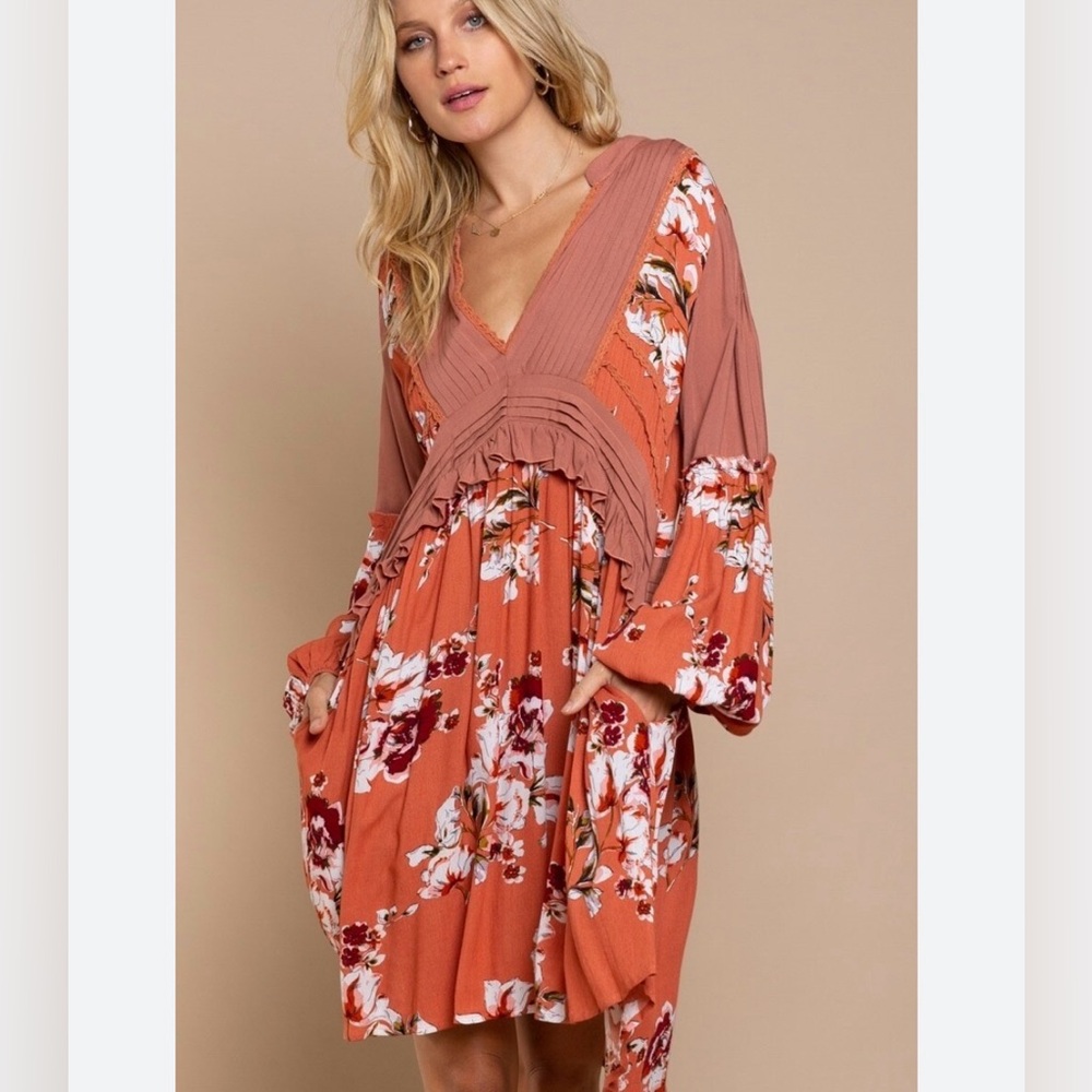 POL Rust Floral V-Neck Mini Dress
